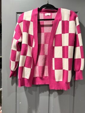 Pink Lily Pink & Cream Checkerboard Open Cardigan